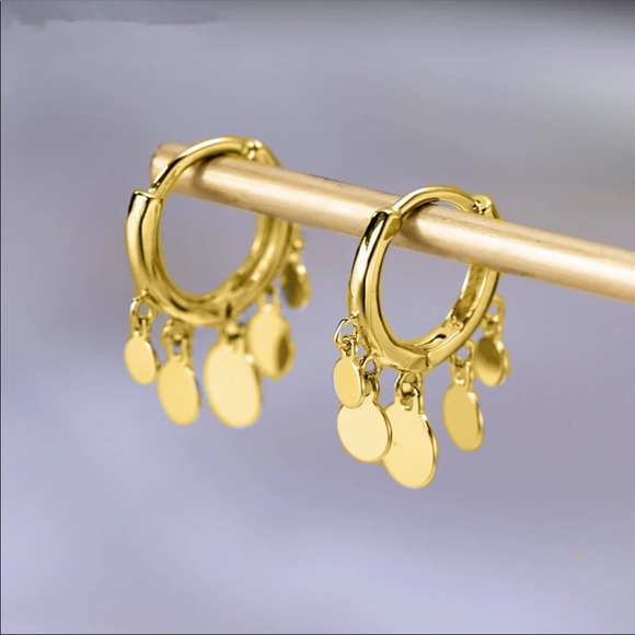 New Silver Gold Round Disc Tassel Earrings - Picture 3 of 6